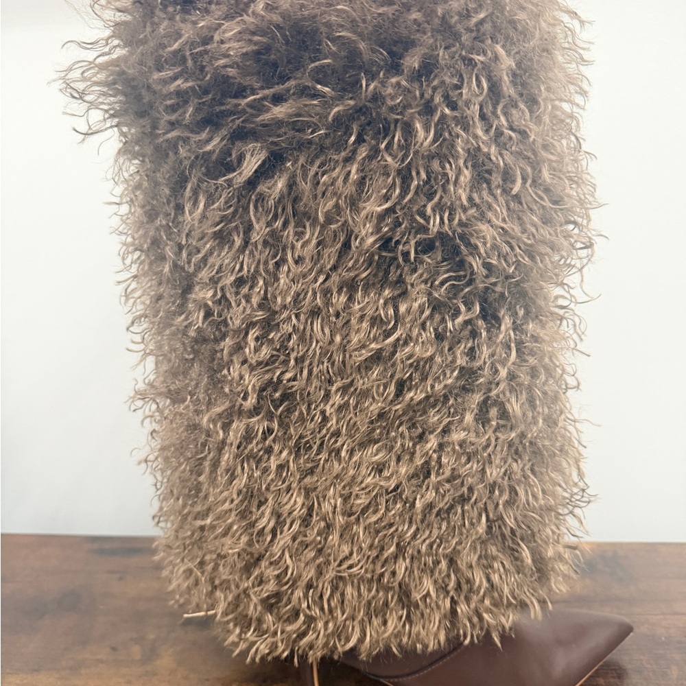 Faux Curly Shearling Knee-High Boots in Taupe